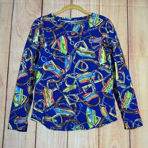 Icikuls‎ USP Sun Shirt Womens M Blue Equestrian Stirrup Print Long Sleeve Preppy